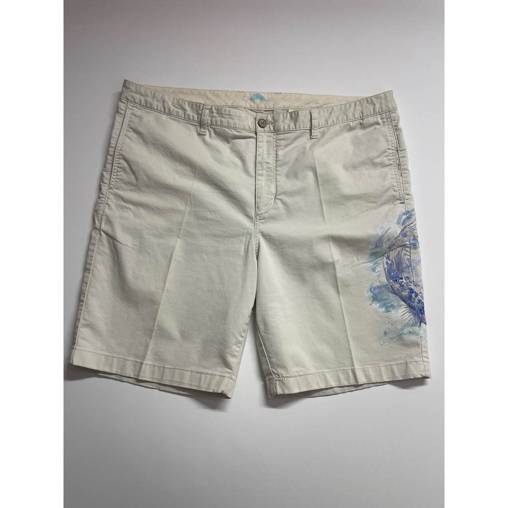 Tommy Bahama Mens Khaki Chino Shorts Fish Graphic Beige Size 38